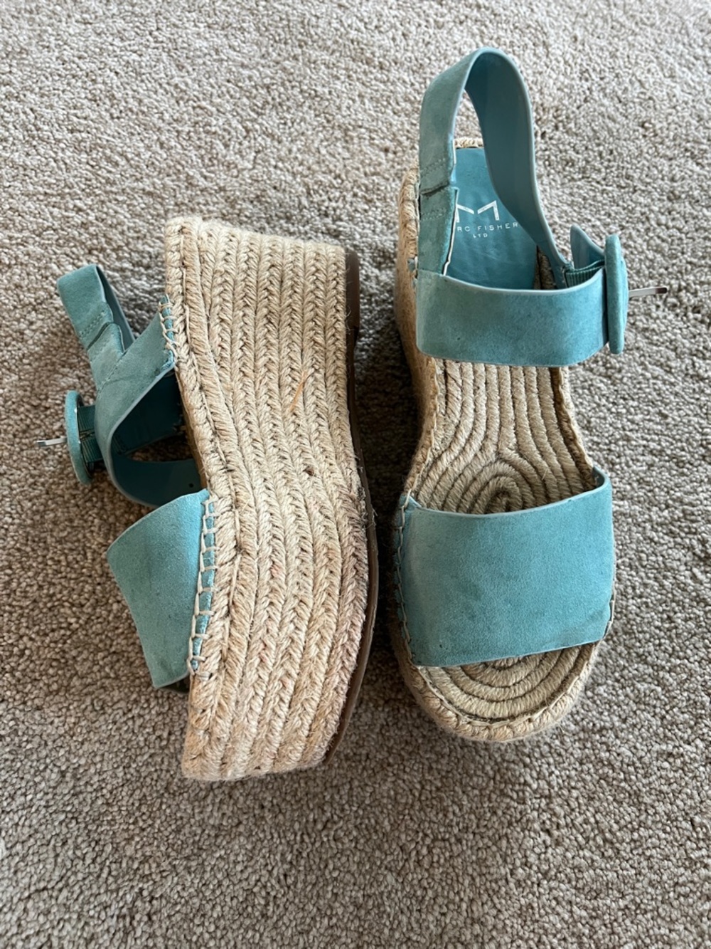 Marc fisher blue espadrilles shoes size 7 leather upper suede chunky heels